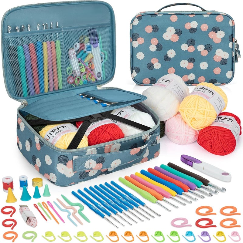 GMAK Crochet Kit for Beginners Adults, 59 PCS Crochet Sets Include Yarn, Crochet Hooks and Tools, Portable Crocheting Starter Kits for Making Variety Projects Craft Supplies, Blue Flower - Image 1